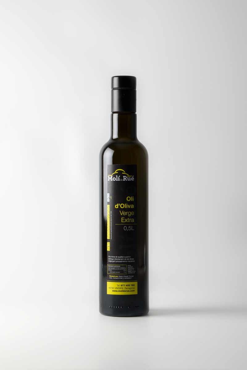 Botella Oli d’Oliva Molí de Rué Fotografia de l'etiqueta de la botella Oli d'Oliva Molí de Rué.