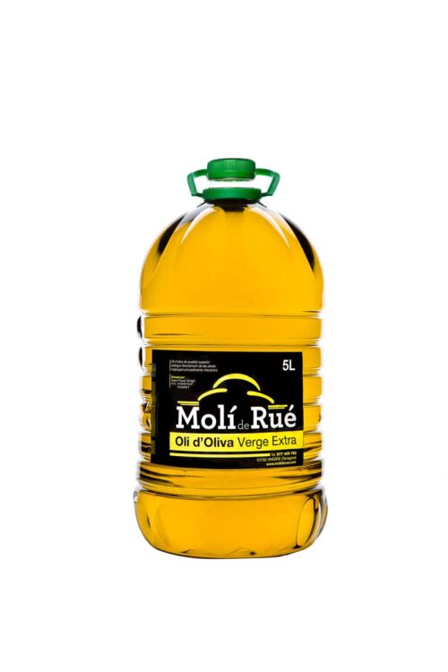 Botella de plàstic d'oli d'oliva amb etiqueta negra.